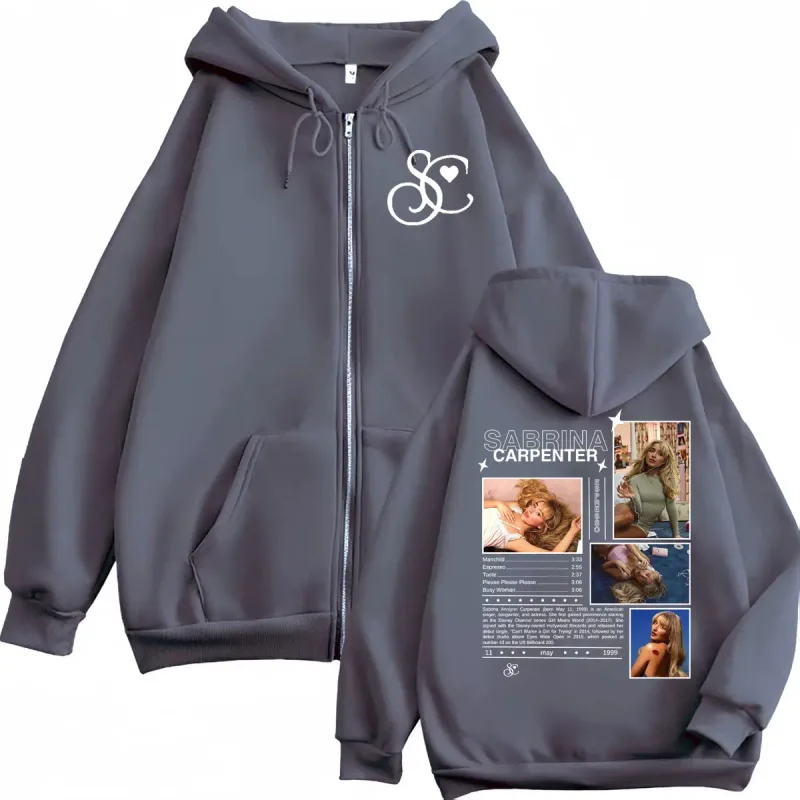 Singer Sabrina Carpenter Graphic Zipprer Hoodie Fashion Aesthetic Zip Up Hooded Sweatshirts Men Women Casual Oversized Pullovers