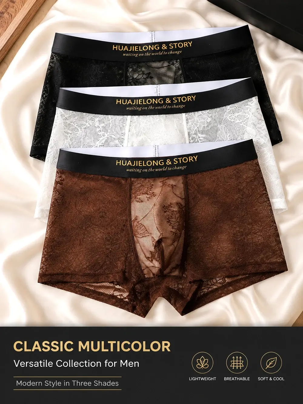 1/3PCS Sexy Lace Floral Knit Hollow Out Men Underwear Cool Ice Silk Breathable Mesh Crotch Boxers Man High Elastic Men's Panties — image 6