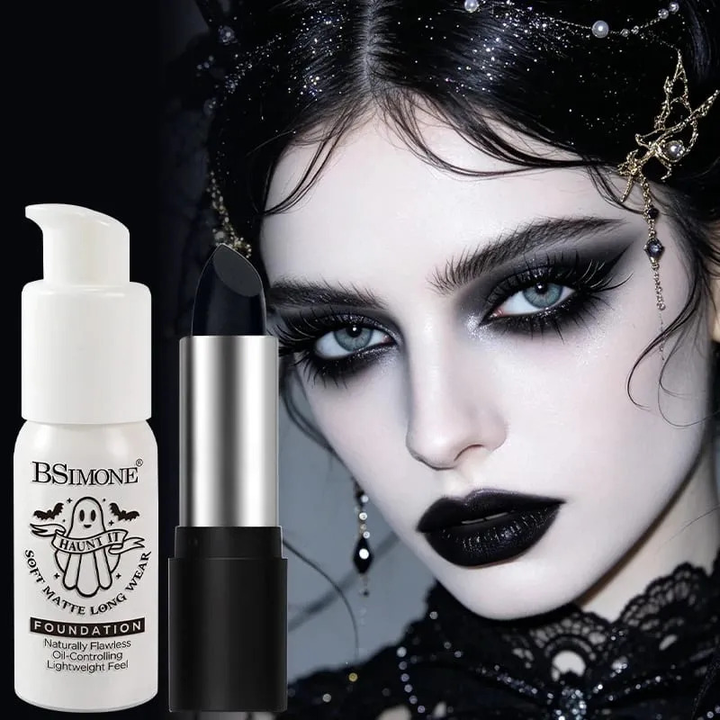 2 τμχ Σετ Black Diamond Glitter Lipstick & White Foundation Halloween Cos Stage Creative Makeup Kit For Face & Lip