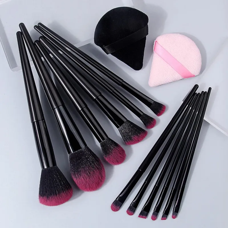 Hot Sale 14Pcs Complete Brushes Makeup Kit Απαλά, φιλικά προς το δέρμα, χνουδωτά καλλυντικά πινέλα με μαύρα & ροζ τρίγωνα τζούρες μακιγιάζ — image 3