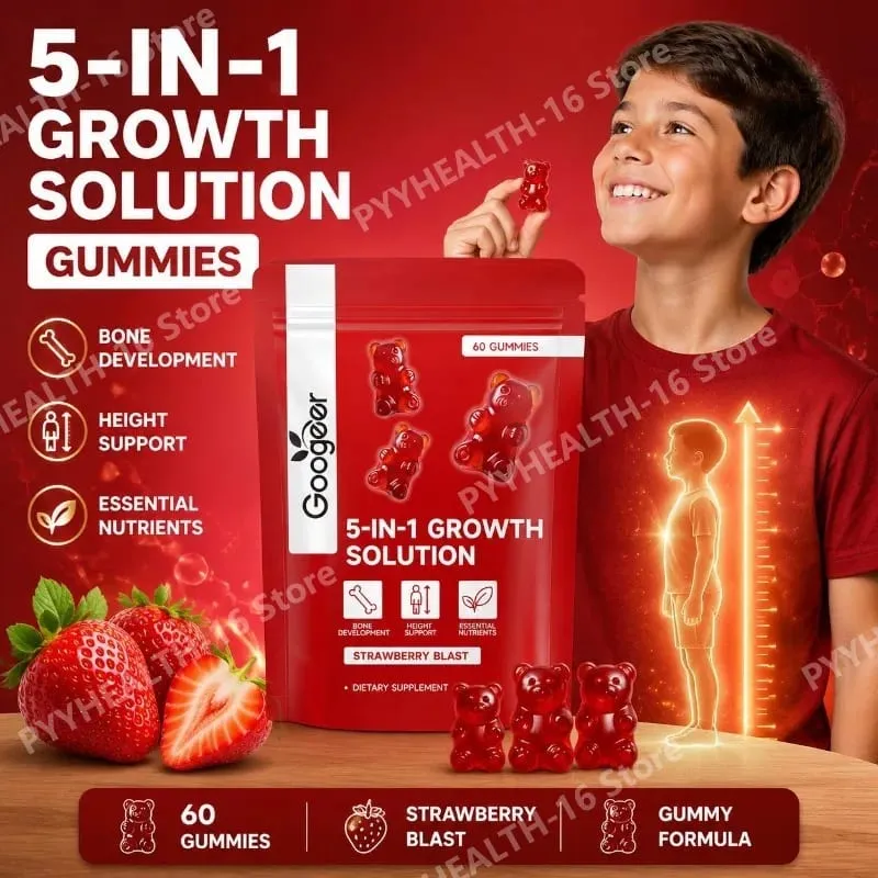 Googeer 5-IN-1 Growth Solution Gummies for Bone Development & Height Support Vitamin D3 K2 Calcium Strawberry Blast 60 Gummies — image 1