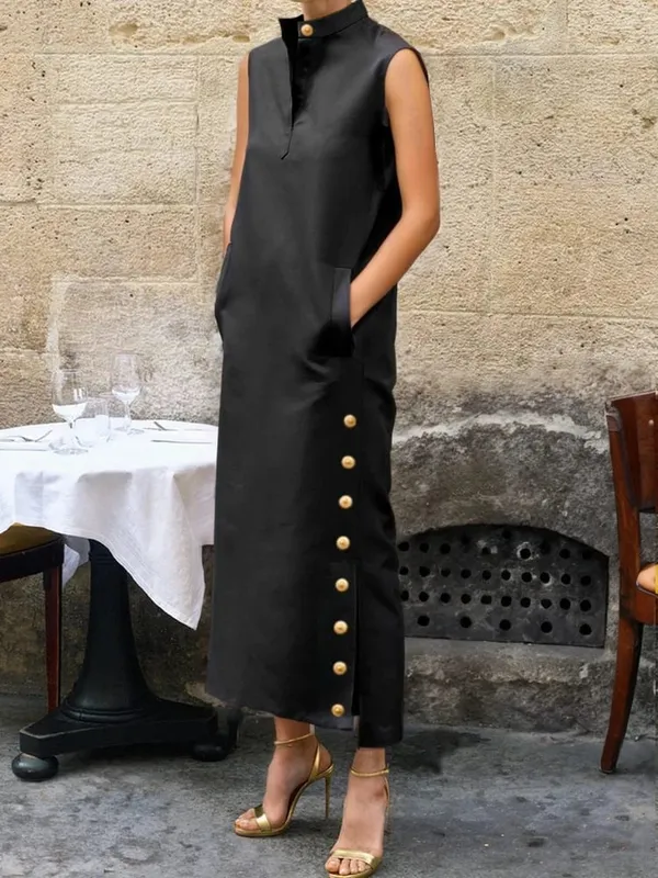 Γυναικεία Μόδα Yeezzi βραδινά φορέματα με γιακά με κουμπιά με κουμπιά 2026 Νέο αμάνικο μονόχρωμο φόρεμα H-Line Casual πουκάμισα