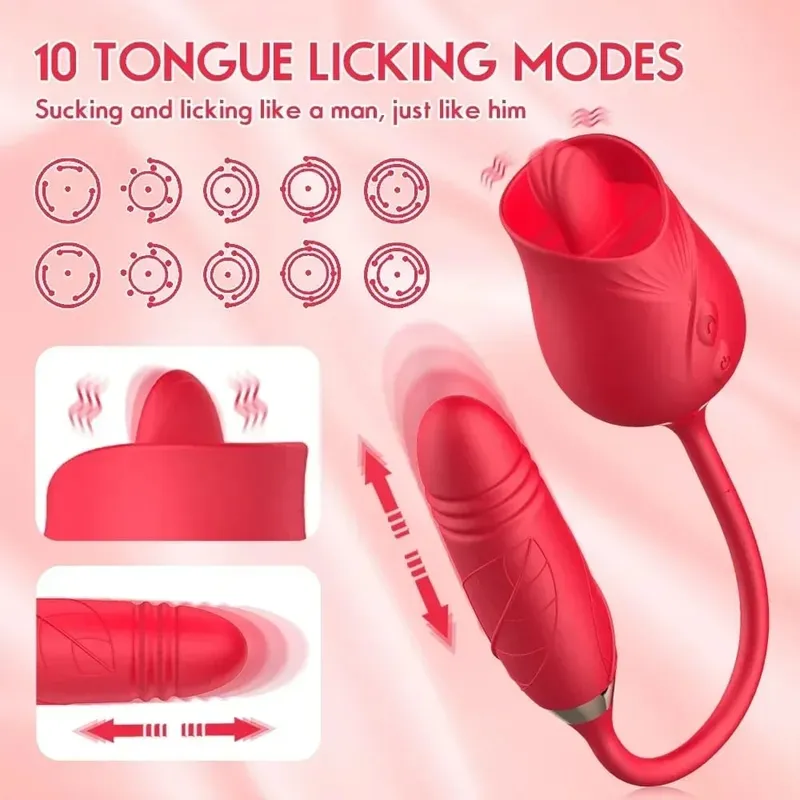 Rose Licking Vibrator for Women Telescopic Dildo Powerful Thrusting Vagin Massager Tongue Clitoris Stimulation Adult Sex Toys