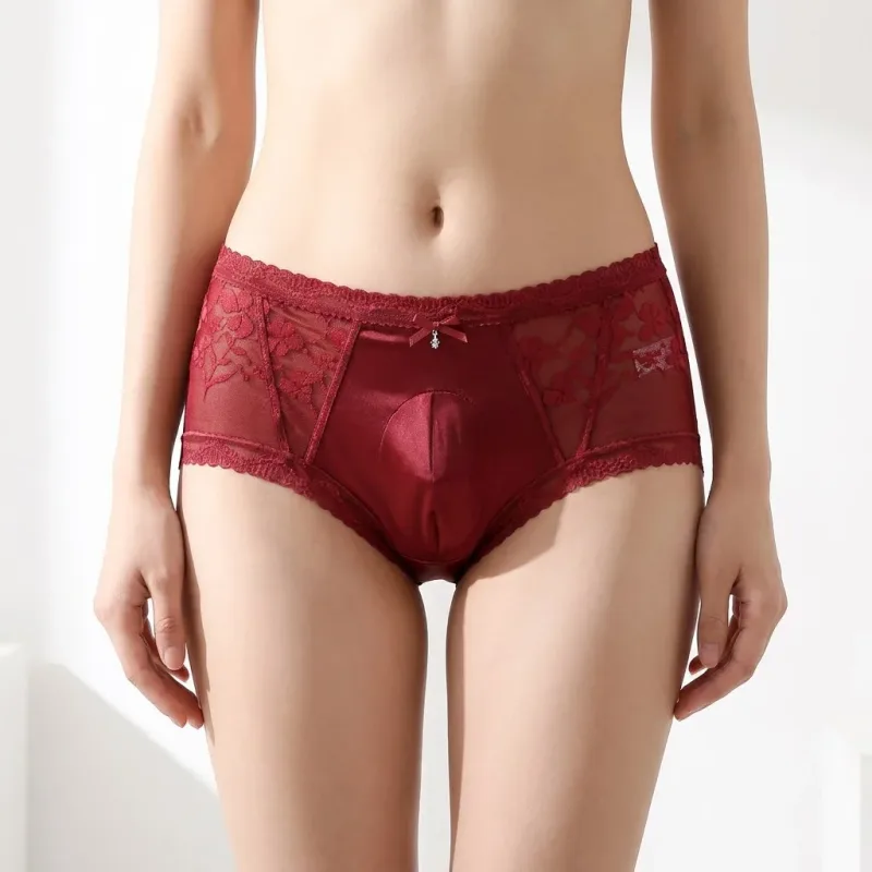 2 Pack Mens Mid Rise Satin Lace Briefs 3D Pouch Rhinestone Bow High Elastic Scalloped Trim Smooth — image 11