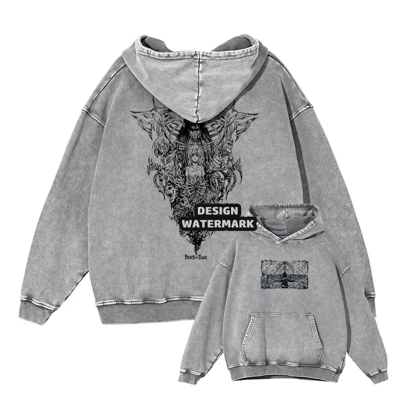 Anime Levi Hoodies Vintage Washed A-Attack on Titan Hoodie Casual Manga Yeager Eren Kapuzenpullover Titan Attack Pullover — image 25