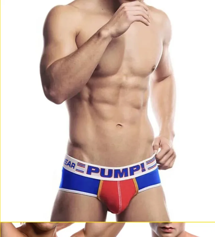 Men's Cotton Color Block Briefs, Pump! Logo Wide Waistband Low Rise Sexy 3D Convex Pouch Underwear — image 25