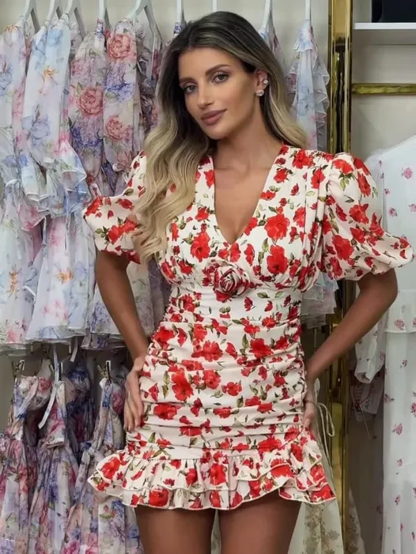 שיק הדפס סלסול דקה קצר שמלה נשים שיק טלאים שרוולים מתרחבים צווארון V שמלות קפלים 2026 ליידי קיץ מקרית Vestidos — image 23