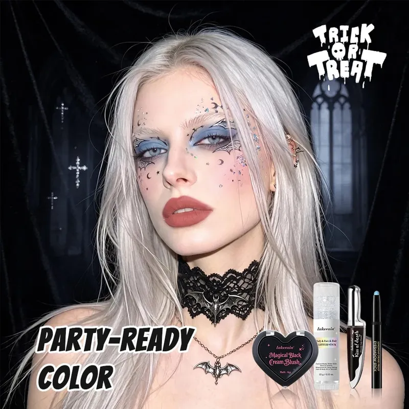 Halloween Gothic Σετ Μακιγιάζ 5 τμχ Lip Stain Dark Cream Blush Eyeshadow Stick Glitter Eyeliner με τσάντα Cosplay Party Face Body — image 2
