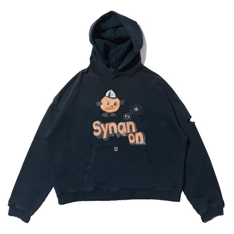 Nuevas sudaderas con capucha PALY de gran tamaño para hombre y mujer, cárdigan Vintage informal lavado negro dañado de la mejor calidad, sudaderas con cremallera — image 32