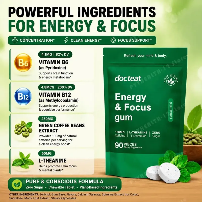 Docteat Energy & Focus Gum rágótabletta cukormentes zöld kávé kivonattal L-teanin B6+B12 vitamin 90 rágótabletta