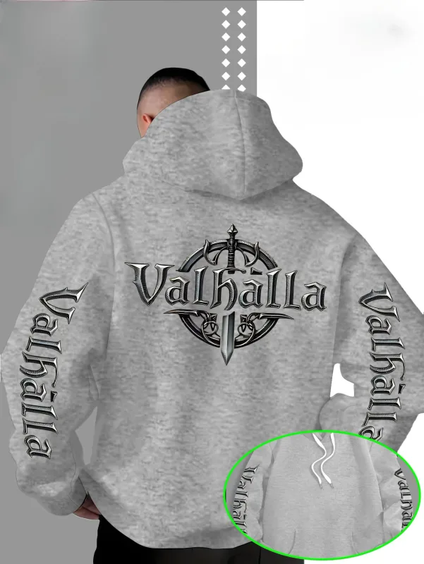 Sweat à capuche ample Viking Valhalla avec logo imprimé en forme d'épée pour homme, adapté pour l'automne et l'hiver.