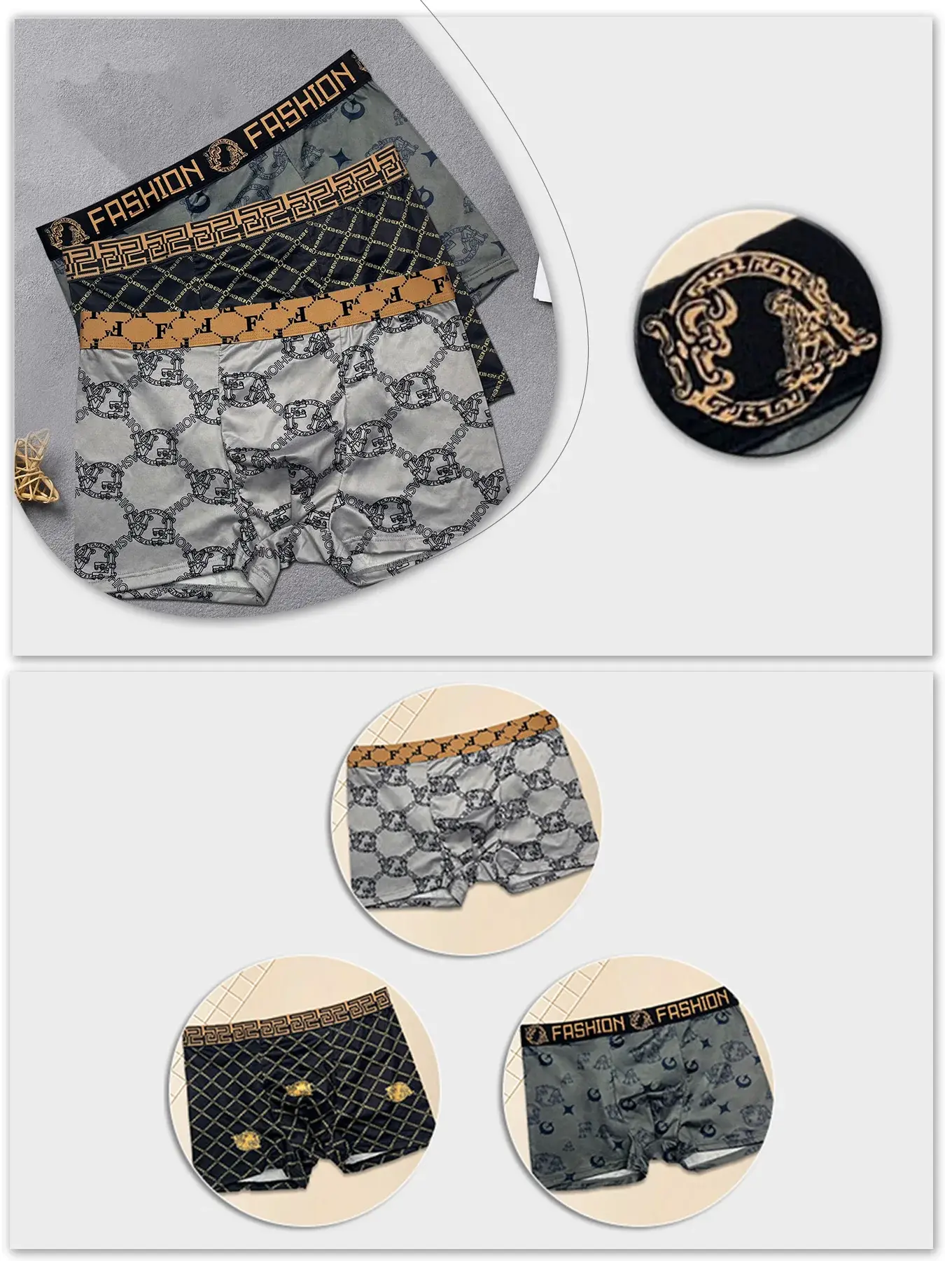 Men's 4PCS Luxury Printed Flat Corner Underwear Gold Belt Luxury Soft Breathable Comfortable Underwear Youth Boxing Pants — image 2