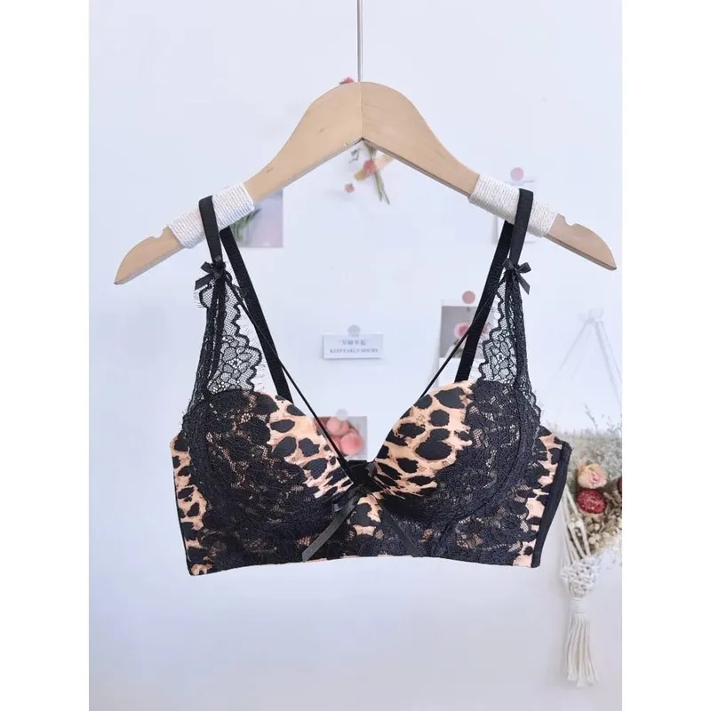 Leopard Print Cross Bust Push Up Σετ σουτιέν 32‑38 Wireless Seamless Anti Sag Comfort Sexy εσώρουχα για μικρό στήθος