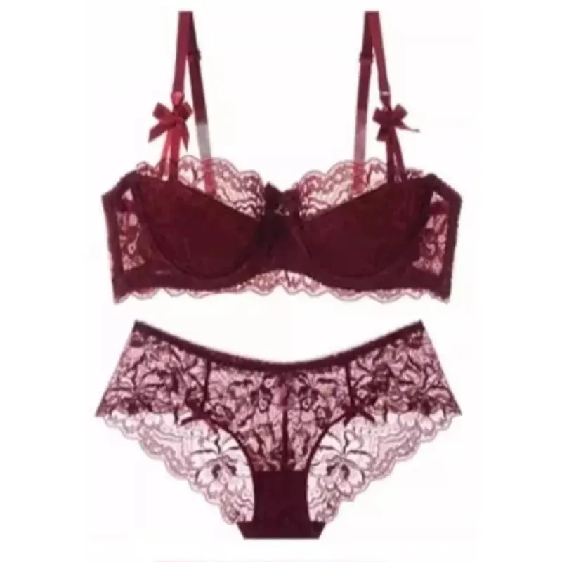French Pure Passion Bow Shaped Shoulder Strap Lace Sexy Half Cup Push Up Bra Set Women's Thin Lingerie Big Breast Small Cup S-XL — image 16