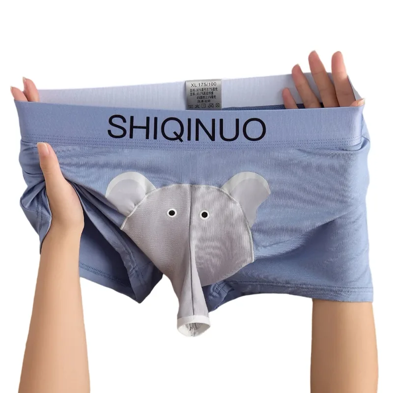 Men Cute Elephant Print Boxer Briefs Elastic Letter Waist 3D Pouch Soft Breathable Daily Sleep Home Casual Comfy Underwear Wear — image 1