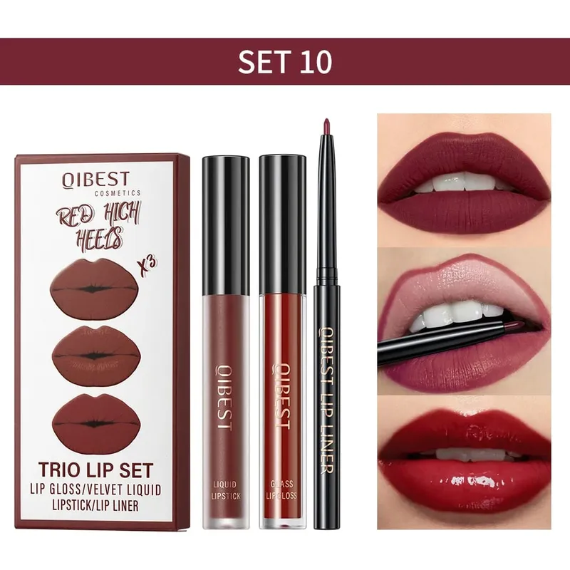 Ματ Liquid Lipstick & Lip Liner & Lip Gloss Σετ 3 τμχ Αντικολλητικό Κύπελλο μεγάλης διάρκειας Κόκκινο μαύρο μωβ Κιτ καλλυντικών για απόχρωση χειλιών