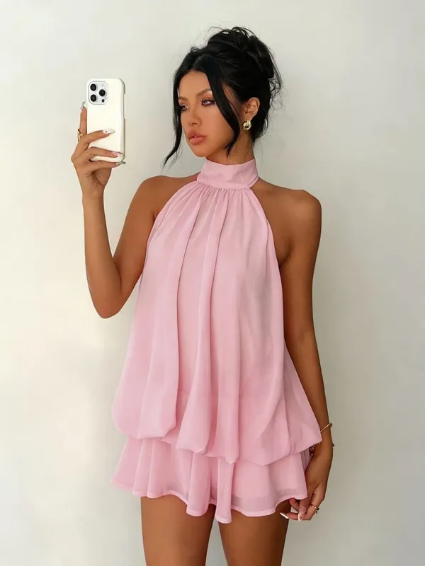 Sexy Women Chiffon Sleeveless Halter Backless Dress Lady Solid Color Tie Waist Slim Flared Dress Summer Beach Vacation Outfit — image 9