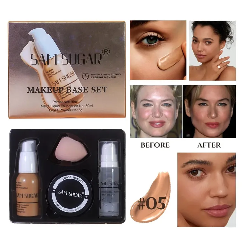 Σετ βάσης μακιγιάζ με 15ml Primer 30ml Matte Foundation 5g Loose Powder Puff για λεία και άψογη επιδερμίδα Μακριά ρούχα