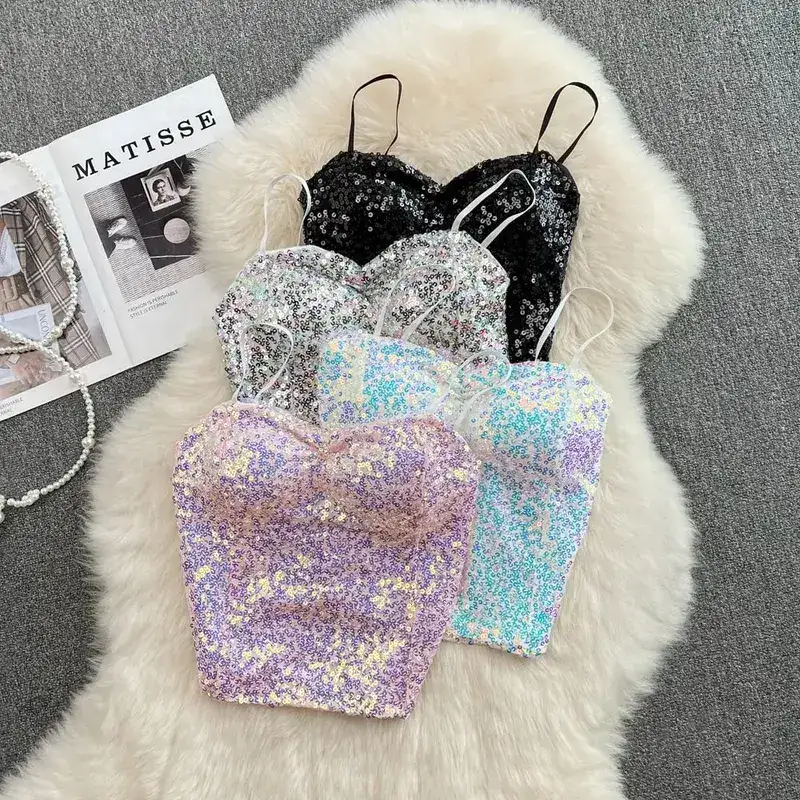 Σέξι Sequin Party σπαγγέτι Croset Bustier εξώπλατα Slim Tanks και Camis Strap Glitter Crop Top Fashion Καλοκαιρινά Γυναικεία Ρούχα Y2k — image 7