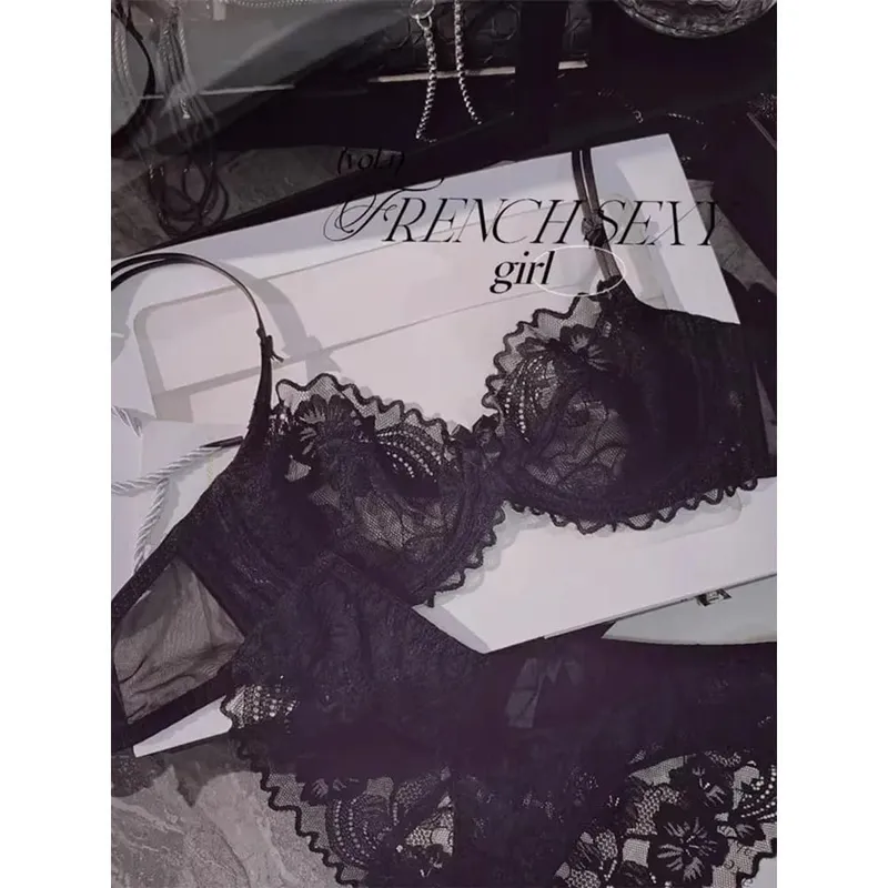 Γαλλικό Ultra Thin Sheer Lace Σετ σουτιέν Underwire Perspective Beauty Back Μεγάλο μπούστο Minimizer Side Shaping Anti Sag 32-38 Σετ σουτιέν