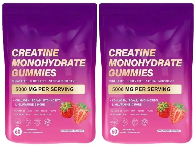 Creatine Monohydrate Gummies 60 Count with Collagen Biotin Vitamin D3 & Hyaluronic Acid for Daily Pre & Post Workout Recovery