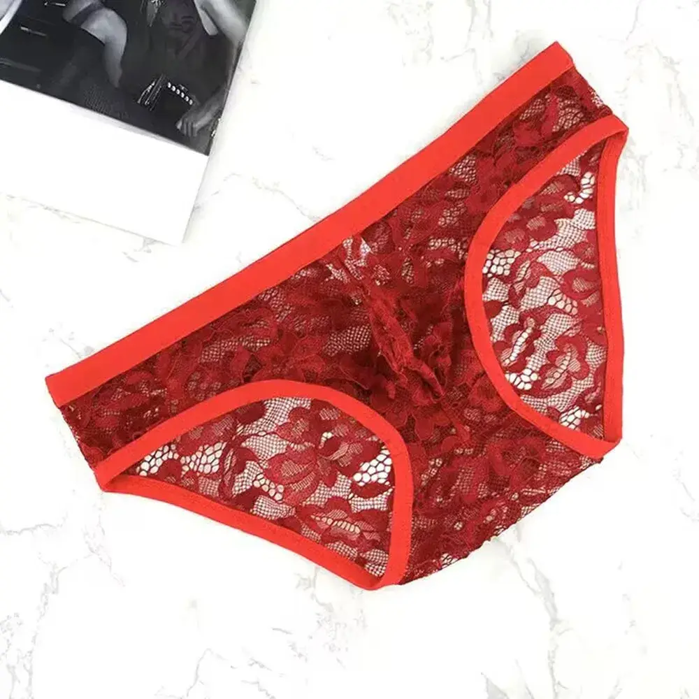 Men's Hollow Out Lace Briefs Shorts Transparent Mesh Underwear Plus Size Underpants Ultra-thin Breathable Jacquard Panties — image 5