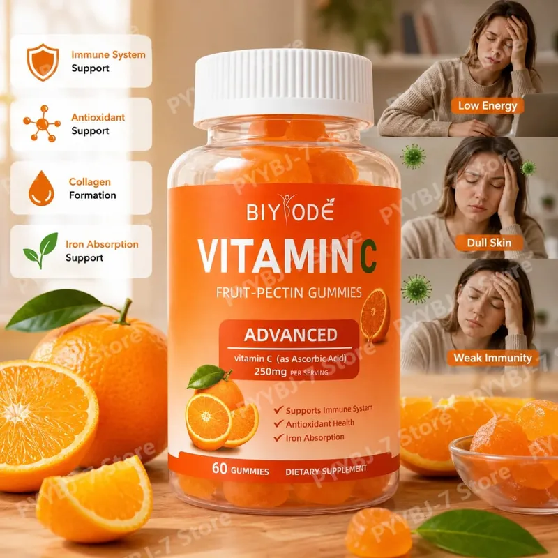 Βιταμίνη C Gummies 250mg με βιταμίνες Α και Ε Μασώμενα πηκτίνης πορτοκαλιού φρούτων 60 Count καθημερινή διατροφή για ενήλικες άνδρες και γυναίκες — image 2