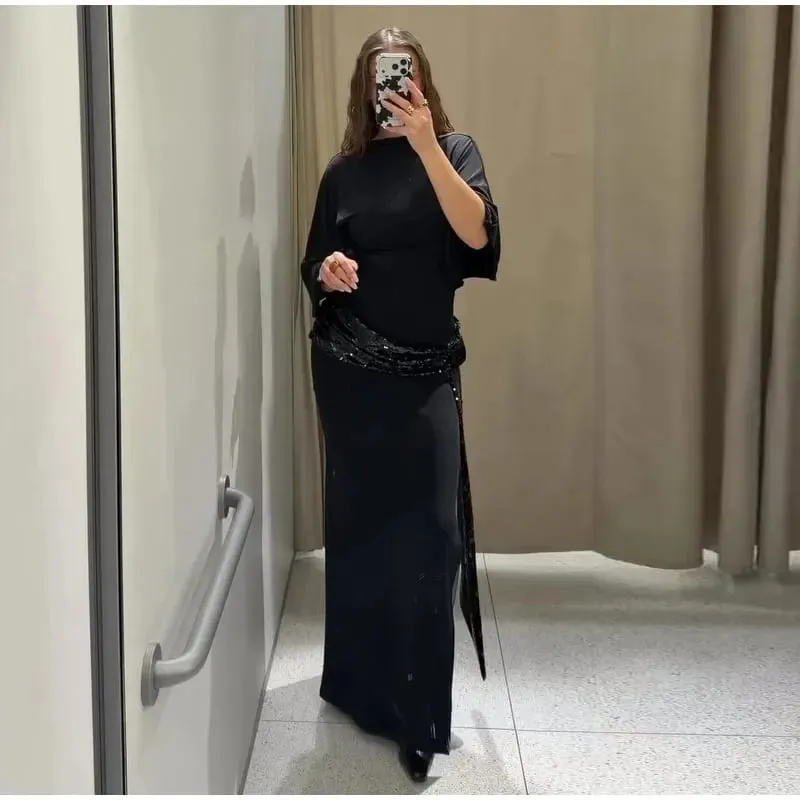 Női, hát nélküli flitteres patchwork maxi ruha Elegáns, széles ujjú, hosszú ruhák, nőies, új divatos esti parti napi köntösök — image 3