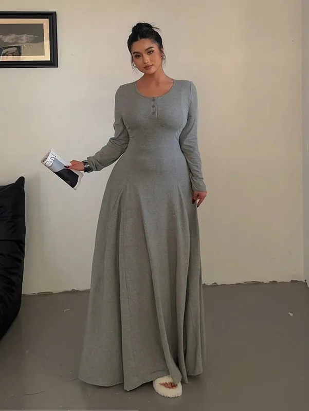 Plus-Size Solid-Color Knit Elegant A-Line Flowy Maxi Dress | Women's Long Dress | Casual & Commuter Style