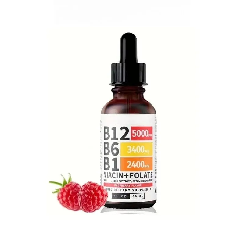 Vitamin B12 Liquid Drops 60ml Raspberry Flavor with Vitamin B6+B1 Etc Multivitamin Support Energy Recovery & Brain Heart Health