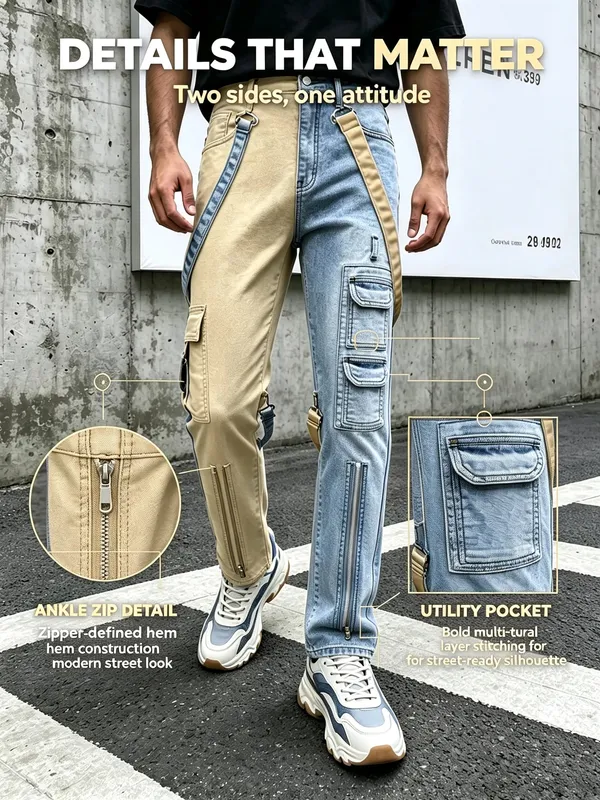 Y2K ג'ינס לגברים Techwear מכנסיים רטרו מטען מתרחבים ג'ינס מג'ינס ניגודיות צבע שחבור רצועת Streetwear מכנסי ג'ינס — image 5