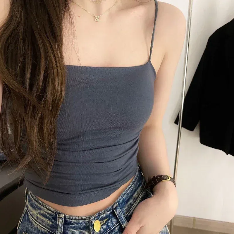 Masszív All-Match Pleat Sling mellény pánt mellkaspárna belső viselet Slim Fit karcsúsító rövid Gyaru külső viselet felső — image 5