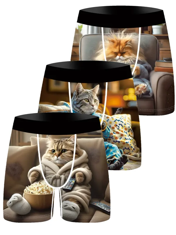 3Pcs Men Boxer Briefs Cute Lazy Cat 3D Print Underwear Soft Stretch Male Underpants Funny Novelty Gift Boxer Shorts