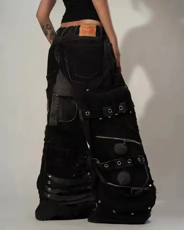 Y2K Black Oversized Cargo Jeans Men Heavy Strap Buckle Stud Zip Pocket Distressed Detail Streetwear Casual Wide Leg Fashion Pant — image 7