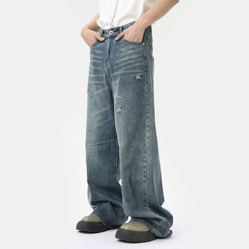 American Style Men's Denim Pants Washing Fashion Loose Men's Straight Trousers Casual Wide Leg Jeans New Summer 2024 9C6303