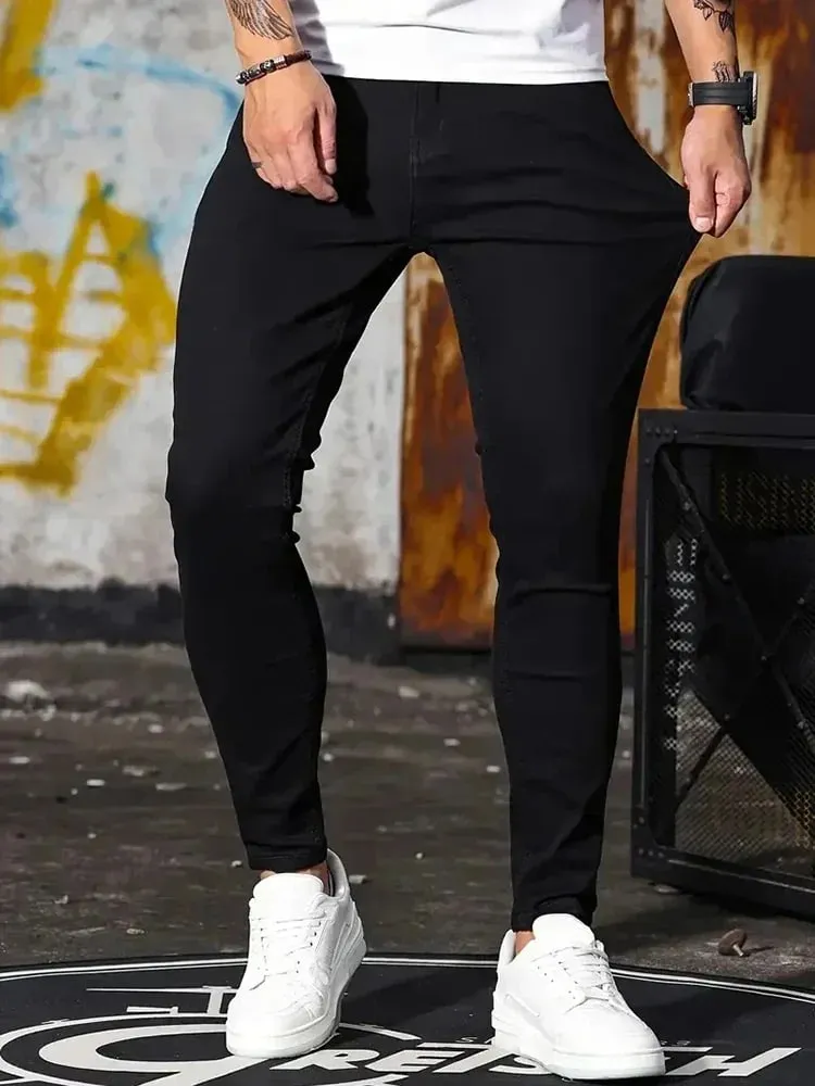 Ανδρικό τζιν Stretch Skinny τζιν παντελόνι μονόχρωμο μαύρο μπλε άνοιξη Luxury Street Harajuku Hip-Hop Slim Fit Παντελόνι Μάρκα