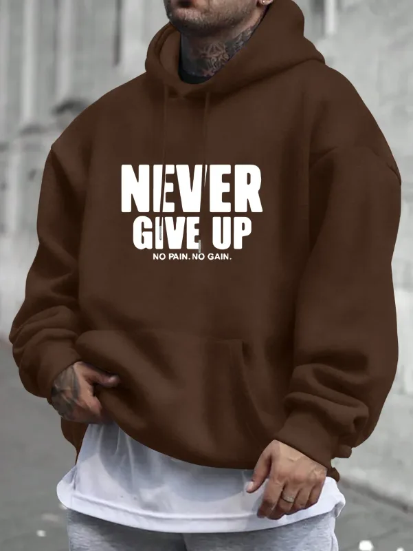 Sudadera con Capucha para Hombre con Estampado Never Give Up, Jersey Informal con Forro Polar, Bolsillo Canguro, Ropa Informal Elegante, Sudadera con Capucha para Otoño