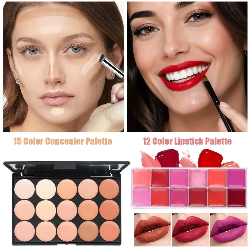 6 pçs kits de maquiagem 54 cores paleta de sombra 15 cores corretivo paleta 12 cores brilho labial com 9 pçs escovas lábio conjunto completo