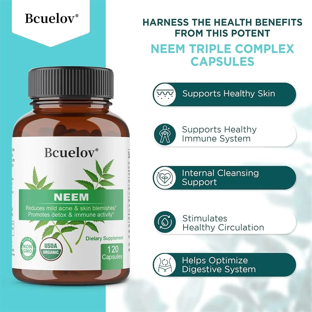 Organic Neem Capsules - Herbal Acne Supplements Supporting Clear Skin and Detox - Vegan Non-GMO Gluten Free