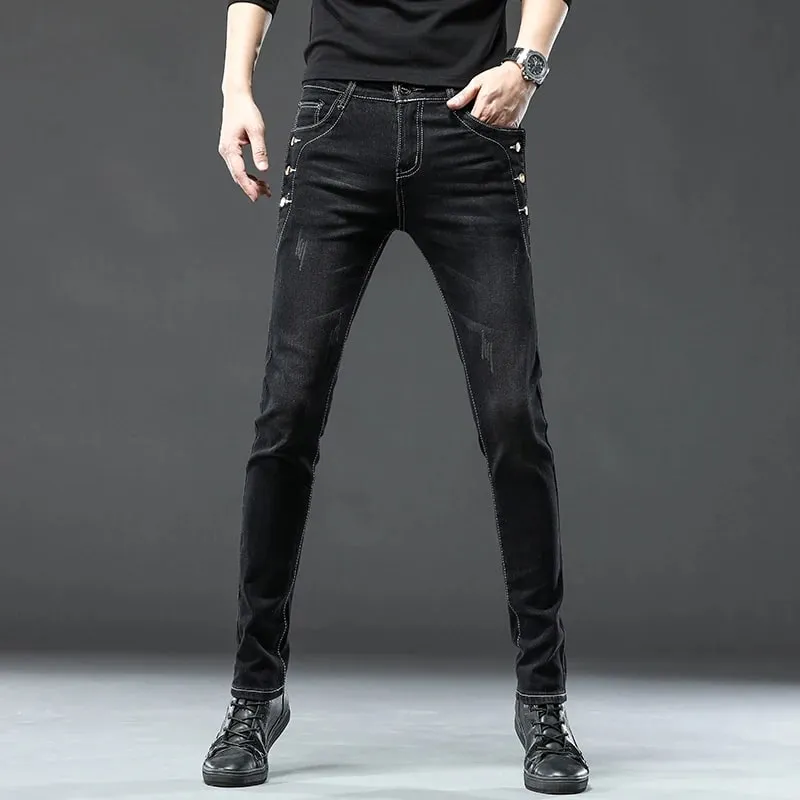 New Men Slim Korean Button Jeans Μαύρο Skinny μονόχρωμο Stretch με πολλά κουμπιά Ανδρικό τζιν παντελόνι Streetwear