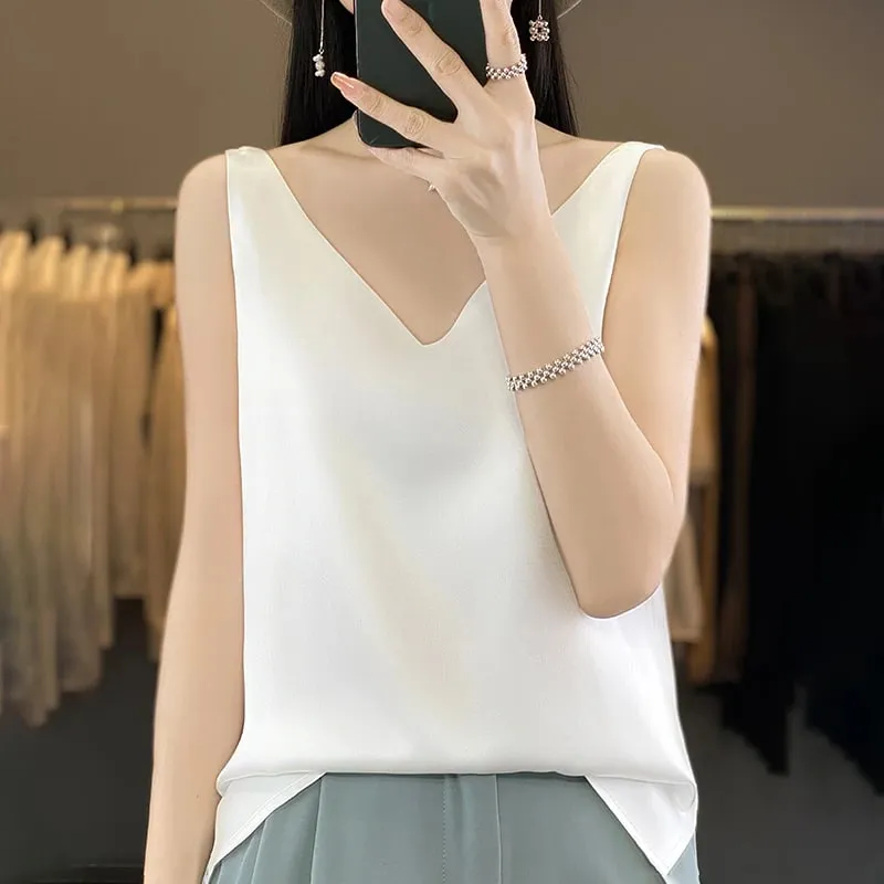 Νέο Lce Silk Satin Camisole Γυναικεία Άνοιξη/Καλοκαίρι μονόχρωμο αμάνικο σέξι άνετο μεταξωτό εσώρουχο RW-D09 — image 14