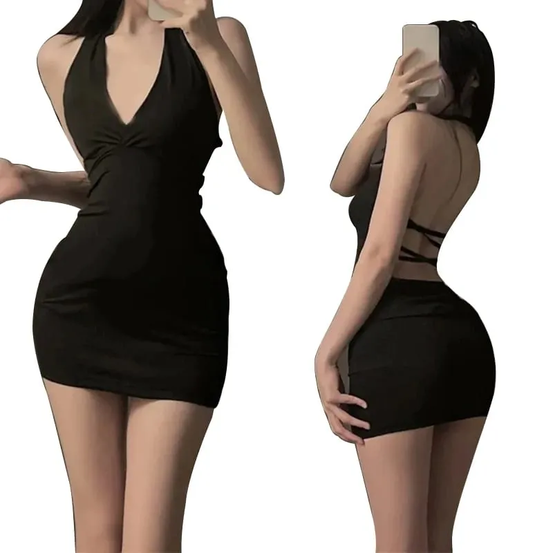 נשים סקסי הלטר ללא משענת Slim צווארון V לעטוף שחור מסיבה לילה מיני שמלת — image 2