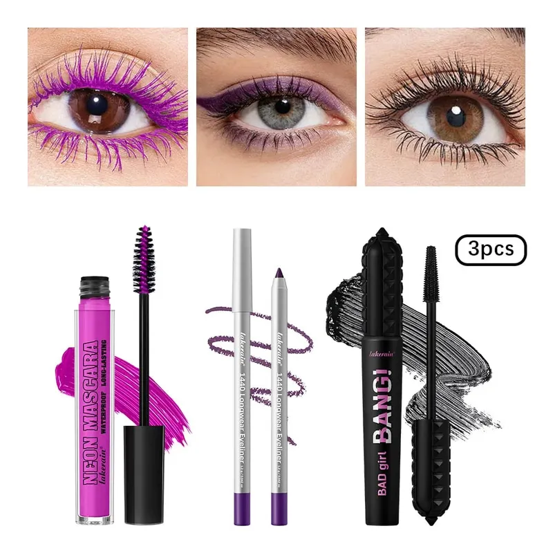 3Pcs Eye Makeup Set Purple Mascara Black Volume Mascara Eyeliner Pencil Waterproof Long Lasting Party Festival Eye Cosmetic Kit — image 2