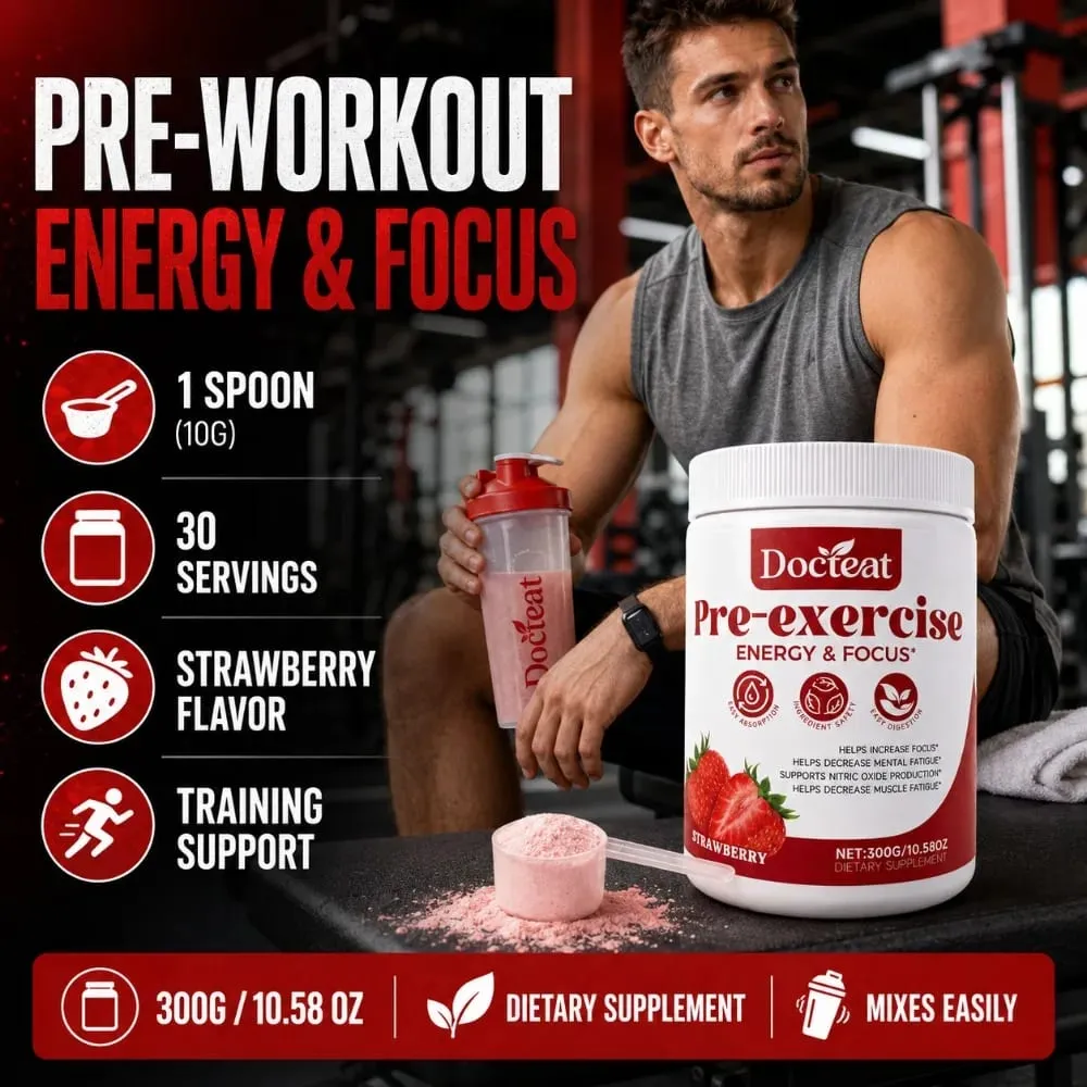 Docteat Pre Workout Powder Strawberry Energy & Focus Support Beta-Alanine L-Citrulline Rhodiola 300g 30 Servings Drink Mix — image 4
