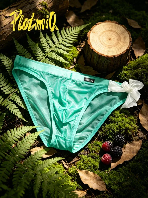 1PCS Mens Sheer ตาข่ายบิกินี่สีเหลืองสดใสดูผ่านผ้าตกแต่งสีขาวโบว์ U กระเป๋านูน Low Rise ชายชุดชั้นใน