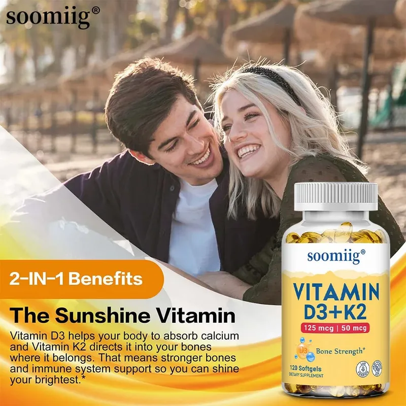 Vitamin D3+K2 Capsules 5000IU 120pcs Bone & Immune Support Vegan Συμπλήρωμα για ακρίβεια των οστών και γενική υγεία