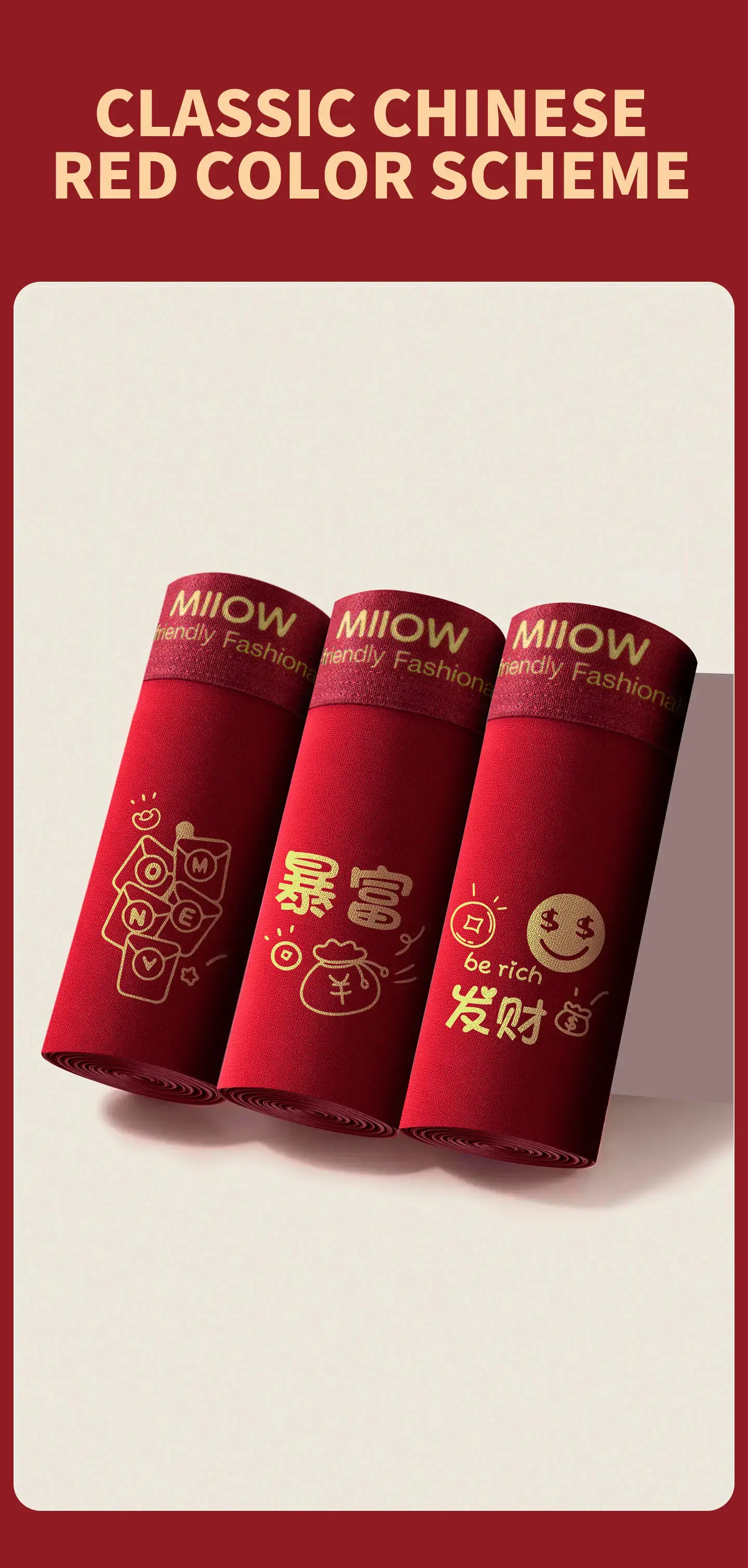 MiiOW 3Pcs Cotton Men Underwear 10A Antibacterial Crotch Men's Panties Breathable Skin-friendly Man Boxers Lucky Red Underpants — image 12
