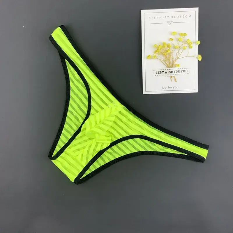 Sexy Stripe Transparent Men Brief Nylon Ice Silk Underwear Low Waist Breathable Male Panties Intimate S-XL
