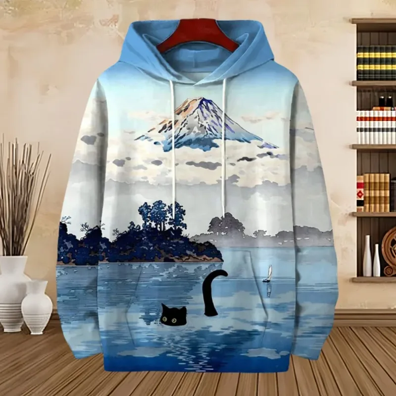 Fuji Mountain Lake Scenery Black Cat Graphic Sudadera con capucha para hombre — image 2