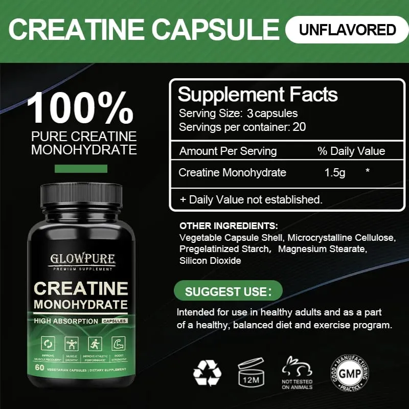 Creatine Monohydrate Capsules for Muscle Endurance Workout Recovery Mass Gainer Strength Performance Nutritional Supplement — image 4